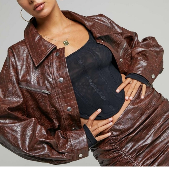 NEW Ladies Brown Reptile Print Leather Truckers Style Jacket Size L - Picture 6 of 9